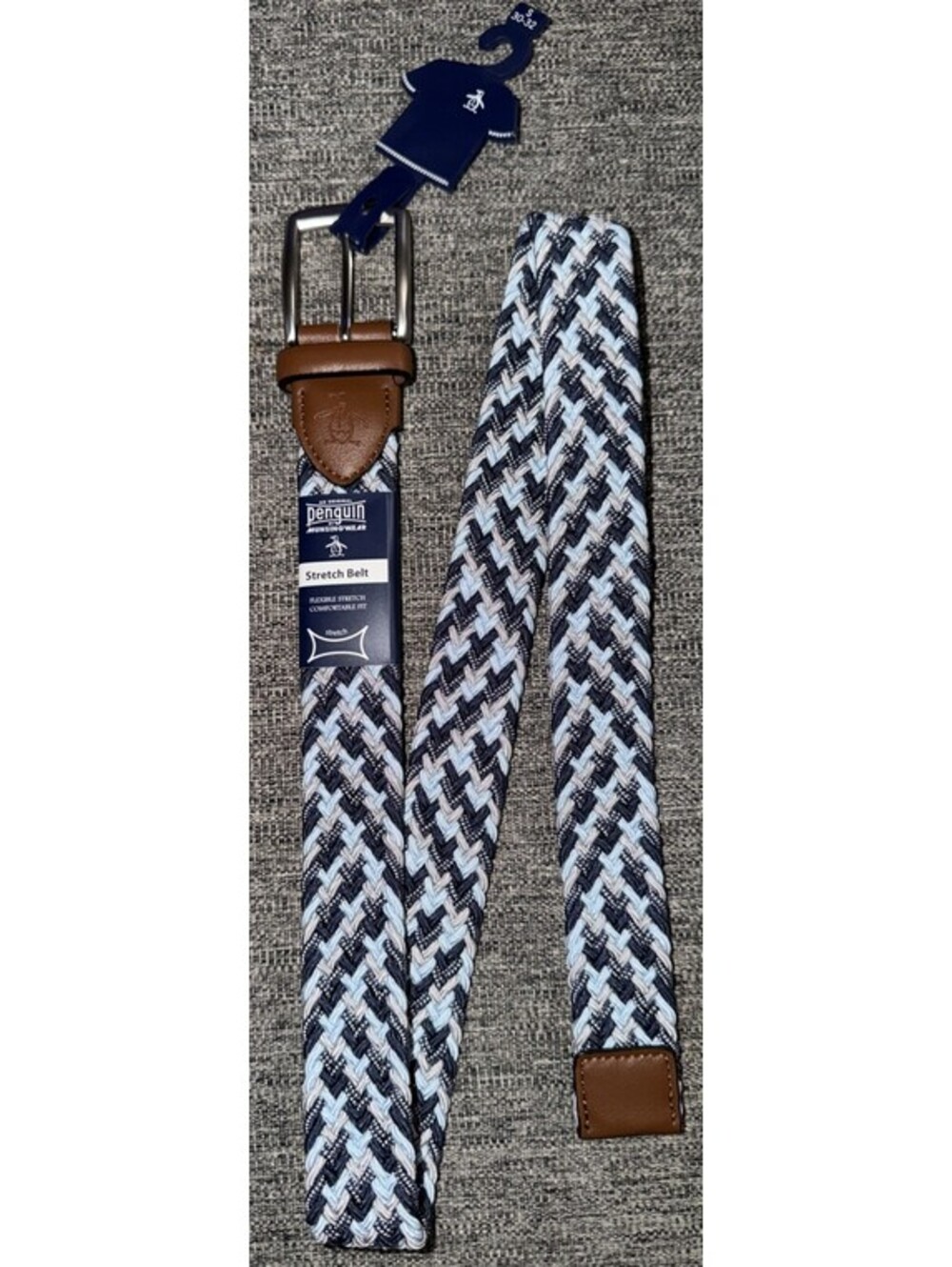 Original Penguin Mens S 30-32 Braided Stretch Woven Golf Belt Blue/White/Pink